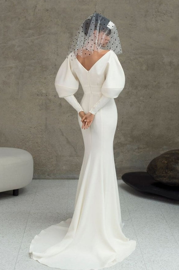 Simple Soft Satin Long Mermaid Full Sleeves Wedding Dress