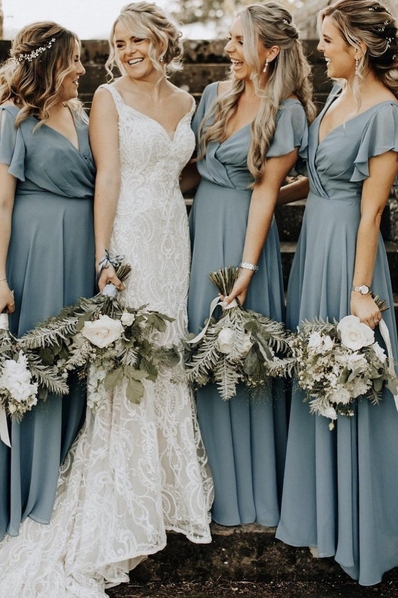 light grey short bridesmaid dresses Light Grey Tea Length Round Neckline Bridesmaid Dress, Short Wedding P Cutedressy