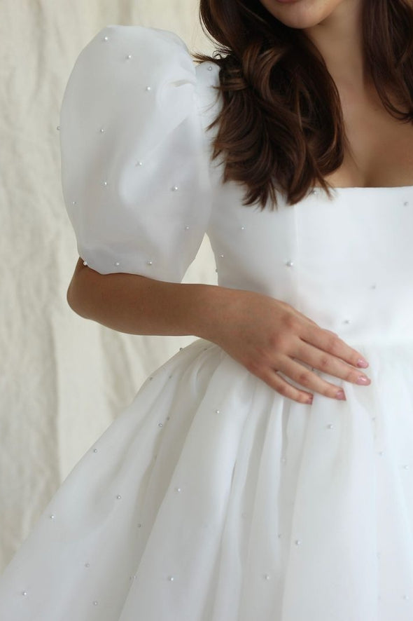 White Organza Square Neck Mini Homecoming Dress With Pearls