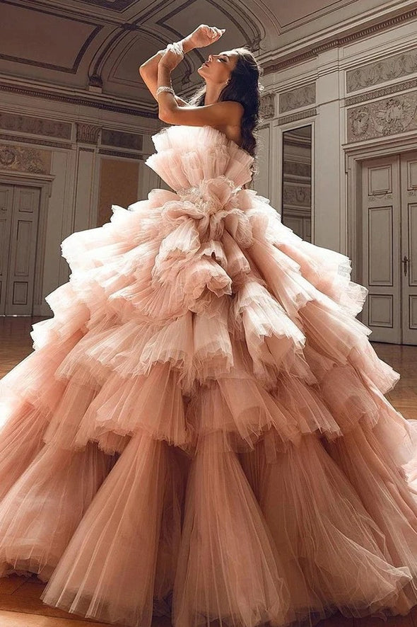 Gorgeous Ball Gown Tiered Tulle Prom Dress Blush Pink