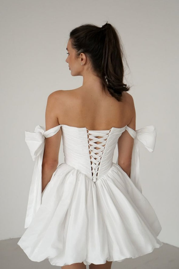 Off White Taffeta Short Wedding Dress / Homecoming Gown Off The Shoulder
