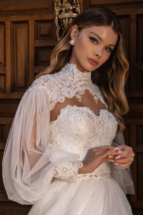 High Neck Lace Tulle Puffy Sleeves Wedding Jacket