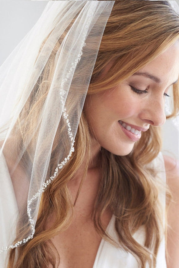 Single Layer Bride Beaded Headdress Long Veil V155