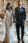 Trumpet V-neck Sleeveless Wedding Dress V Back Long Train