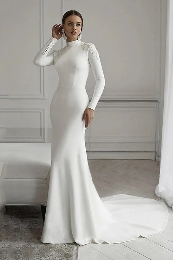 Mermaid Long Muslim Wedding Dress Fulle Sleeves With Appliques