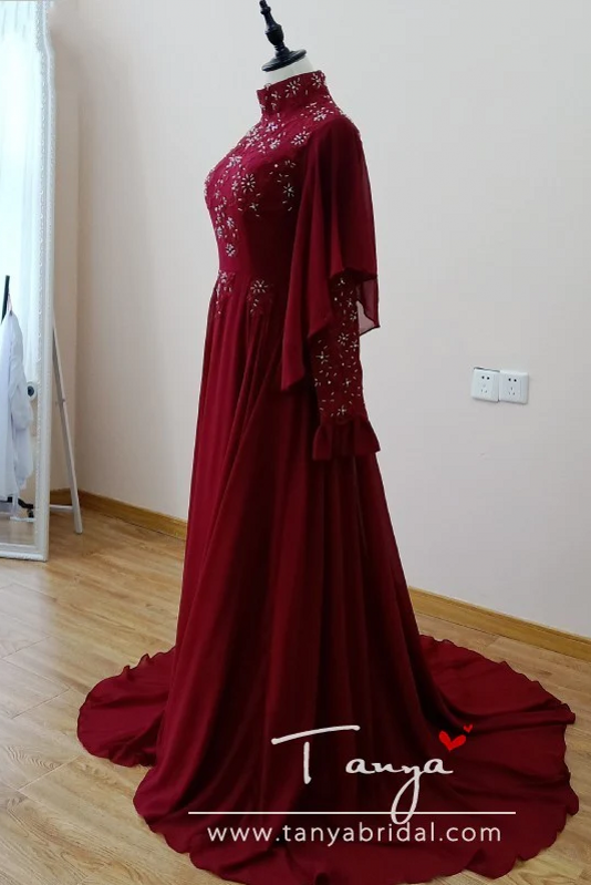 Chiffon Burgundy Elegant Arabic Muslim Wedding Dresses DQG923