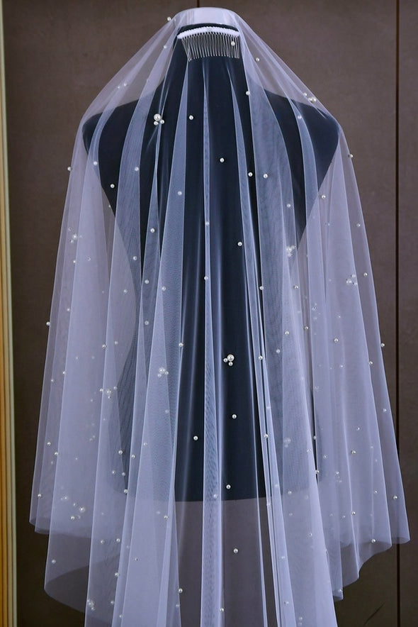 V186 Long Arabic Wedding Veil With Pearls Two Layers