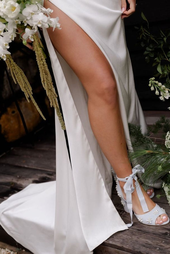 One Shoulder Simple Satin Wedding Dress Pleated With Split