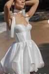 Short Satin Bridal Dress With Bow Sash Strap