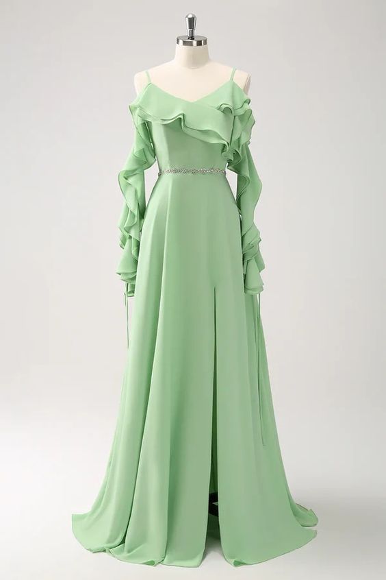 A Line Light Green Long Chiffon Bridesmaid Dress With Ruffles TANYA BRIDAL A Line Light Green Long Chiffon Bridesmaid Dress With Ruffles TANYA BRIDAL