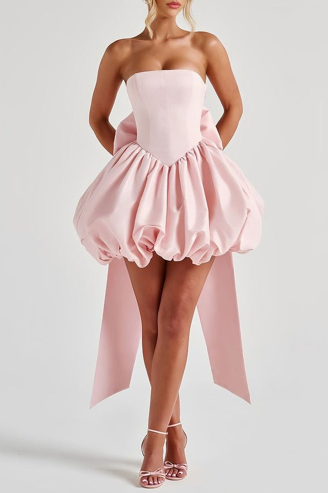Pink Taffeta Draped Short Mini Homecoming Dress With Bow Back TANYA BRIDAL Pink Taffeta Draped Short Mini Homecoming Dress With Bow Back TANYA BRIDAL