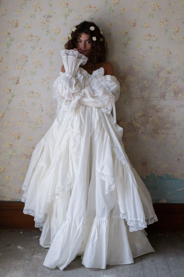 Long Taffeta A Line Off The Shoulder Lace Edge Wedding Gown