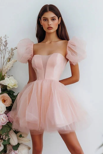 short pink puff sleeve tulle dress #DZ9618 Pink Tulle Puff Sleeves Short A Line Homecoming Dress -