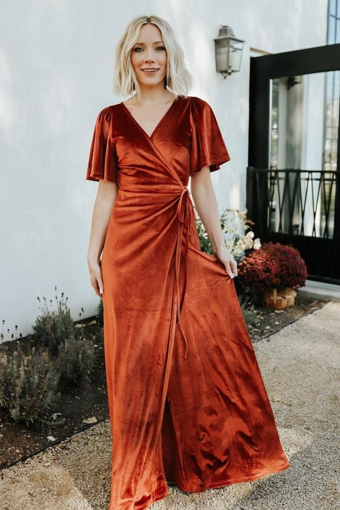 maxi velvet wrap dress Flutter Sleeve Velvet Wrap Maxi Dress with Pockets