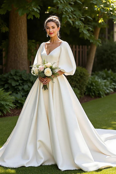 #DZ9345 V Neck Half Sleeves Satin Wedding Dress