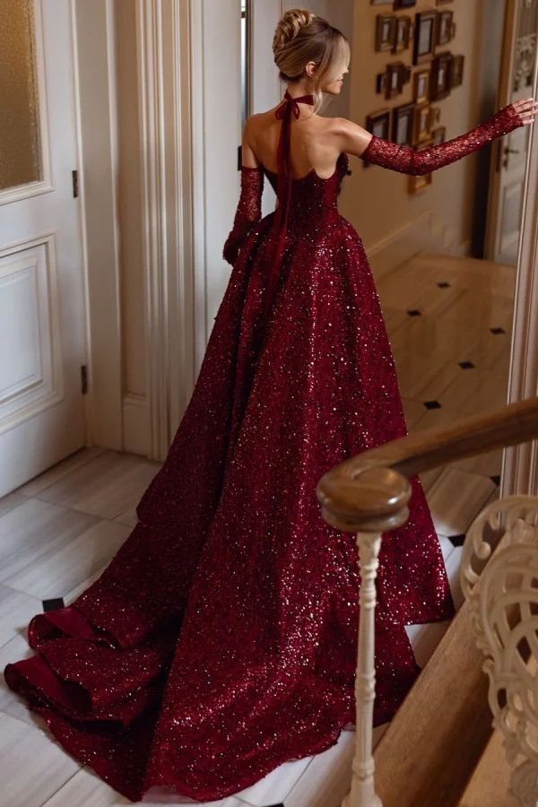 Luxurious Gorgeous Burgundy Split Sequins Prom Dress TANYA BRIDAL Luxurious Gorgeous Burgundy Split Sequins Prom Dress TANYA BRIDAL