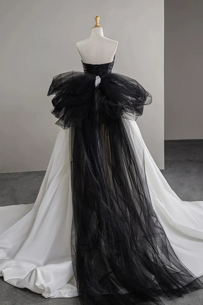 A-Line V Neck Satin Tulle White/Black Long Wedding Dress TANYA BRIDAL A-Line V Neck Satin Tulle White/Black Long Wedding Dress TANYA BRIDAL