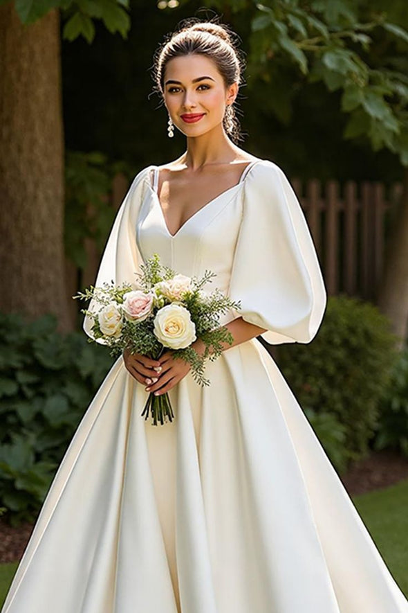 #DZ9345 V Neck Half Sleeves Satin Wedding Dress