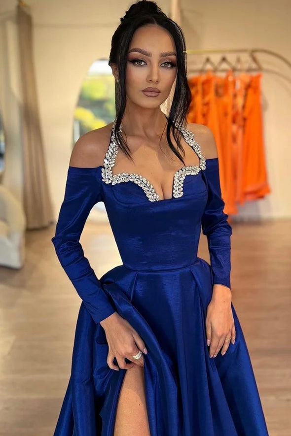 Long Blue Prom Dress With High Slit