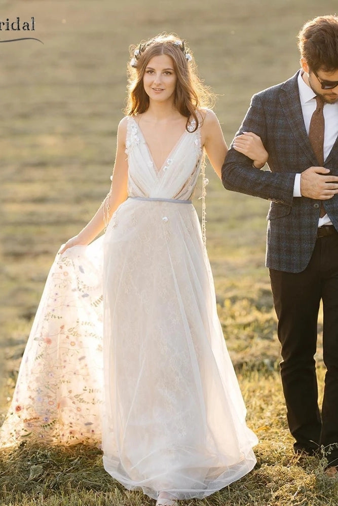 Romantic Fairy Colorfull Embroidery Lace Bohemian Wedding Dresses Noiv TANYA BRIDAL Romantic Fairy Colorfull Embroidery Lace Bohemian Wedding Dresses Noiv TANYA BRIDAL
