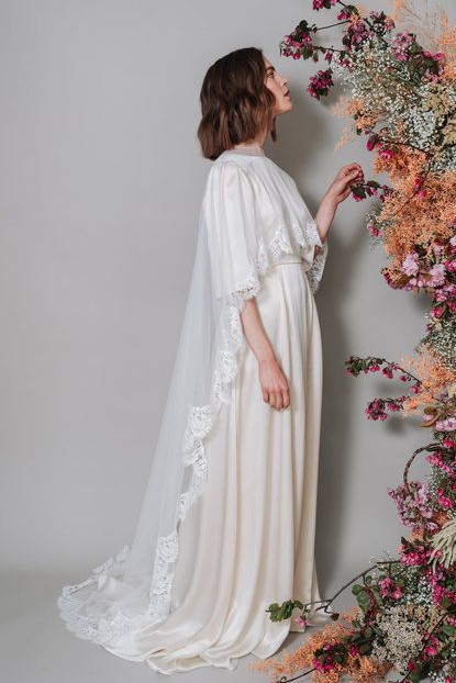 Simple Wedding Dress With Long Cape Lace edge 24311315