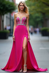 Hot Pink Crystal A Line Long Prom Dress