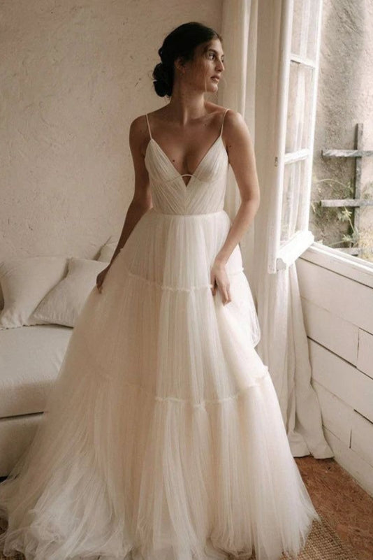 a line spaghetti strap wedding dress A Line Spaghetti Strap Long Tulle Wedding Dress – TANYA BRIDAL