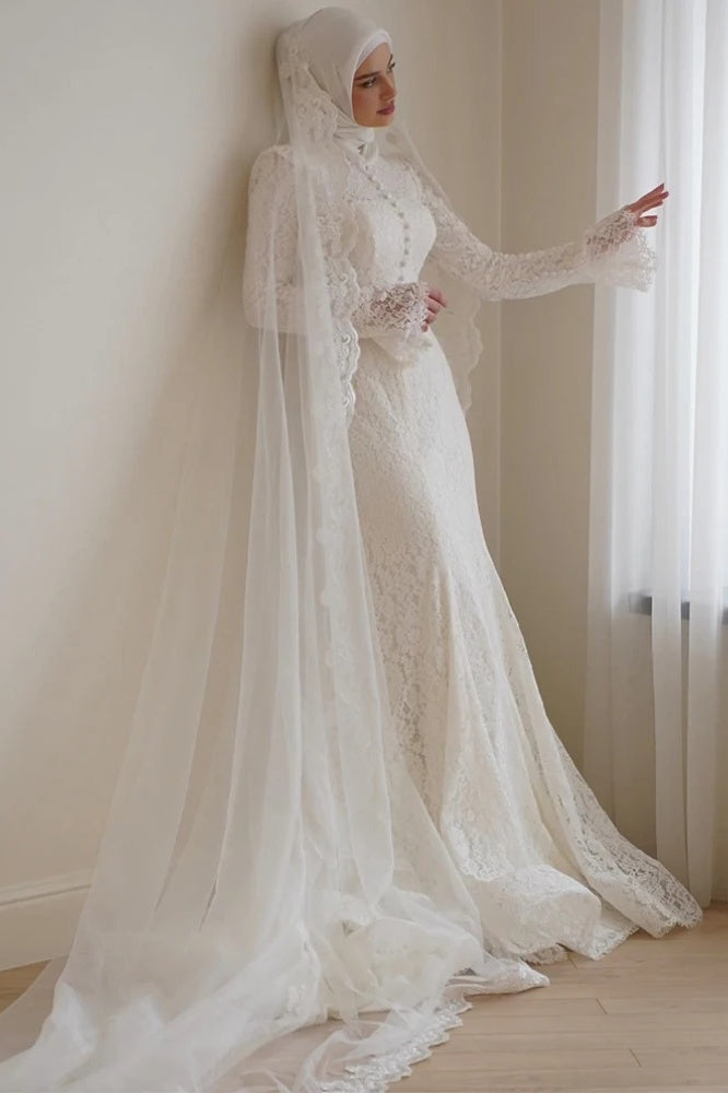 Romantic Lace Muslim Wedding Dress Mermaid Bridal Gown - Romantic Lace Muslim Wedding Dress Mermaid Bridal Gown -