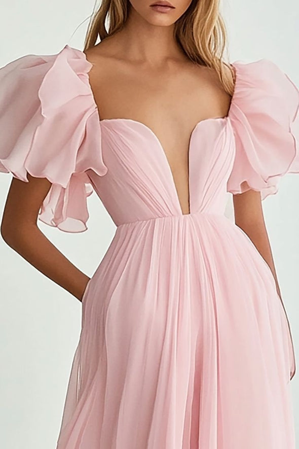 Pink Sweetheart Chiffon Long Evening Dress With Short Sleeves