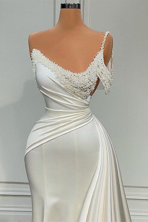 Romantic Pearls One Shoulder Long Mermaid Wedding Dress