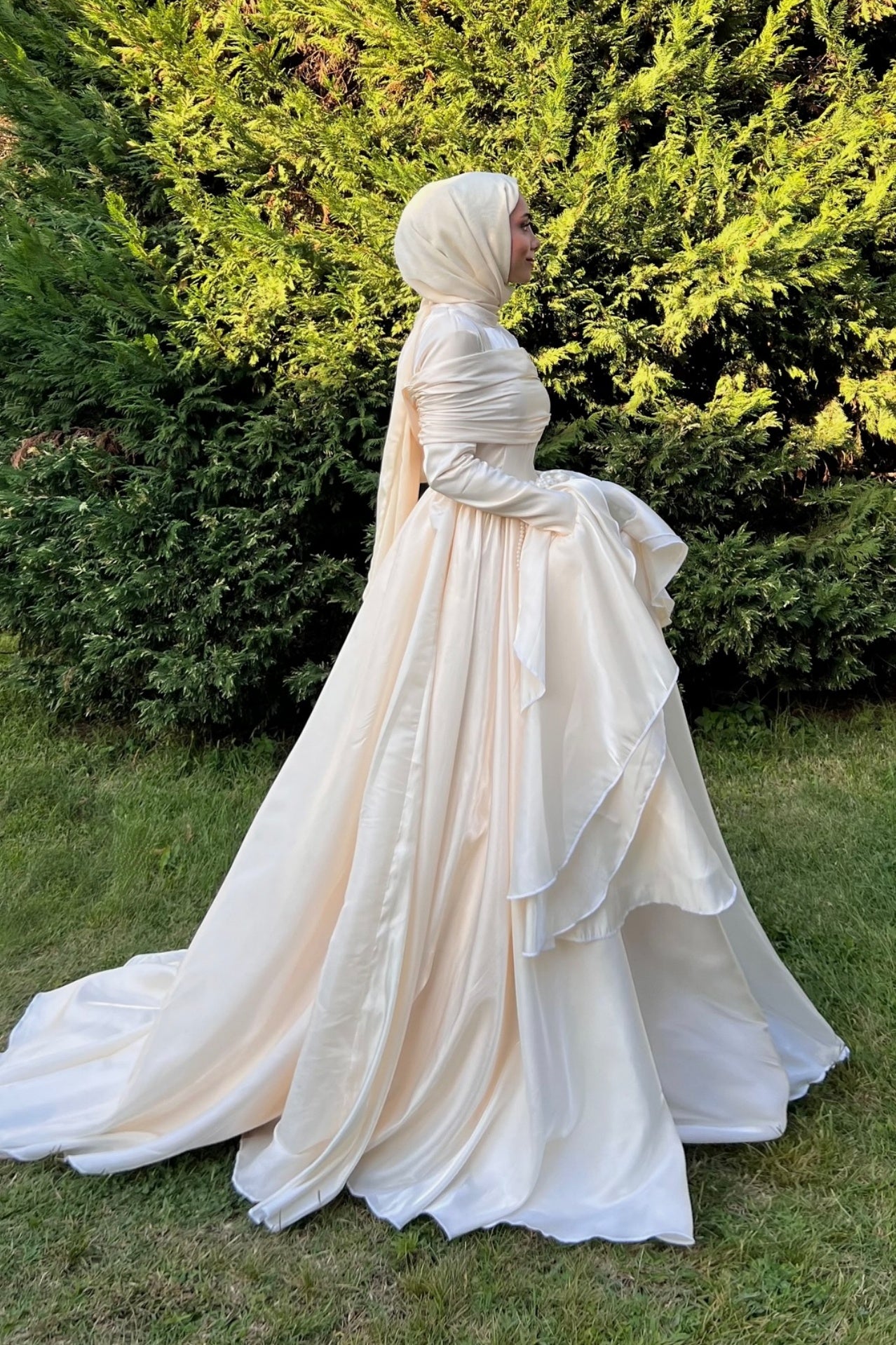 long sleeve dress for muslim Customized(can Not Refund) Dusty Blue Long Sleeve Muslim Evening Gowns A Line Tulle Beading Flowers Elegant Arabic Dubai Formal Prom Dresses Robe