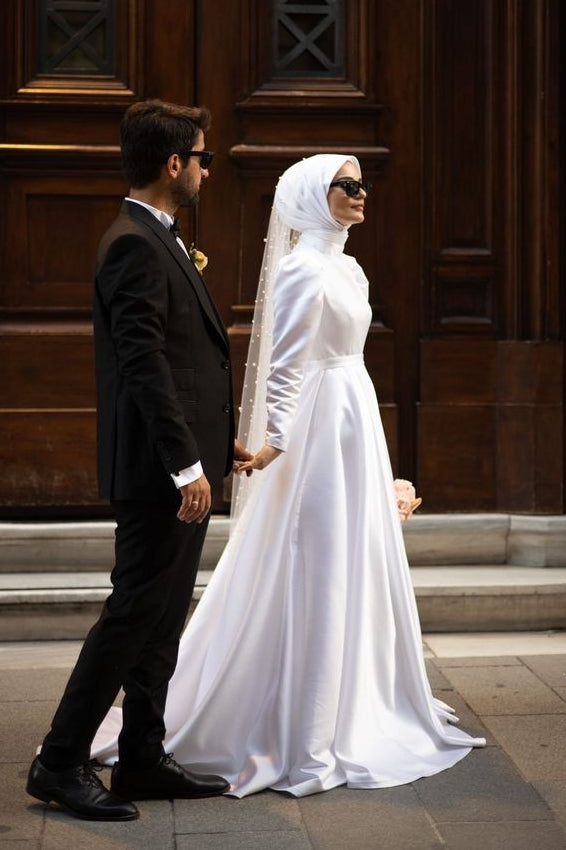 High Collar Full Sleeves Satin Modest Muslim Wedding Dress