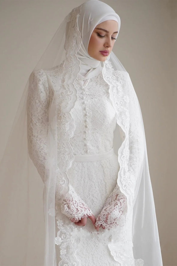Romantic Lace Muslim Wedding Dress Mermaid Bridal Gown