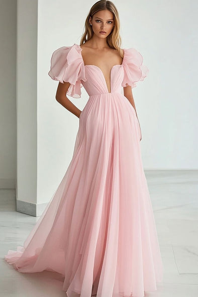 Pink Sweetheart Chiffon Long Evening Dress With Short Sleeves