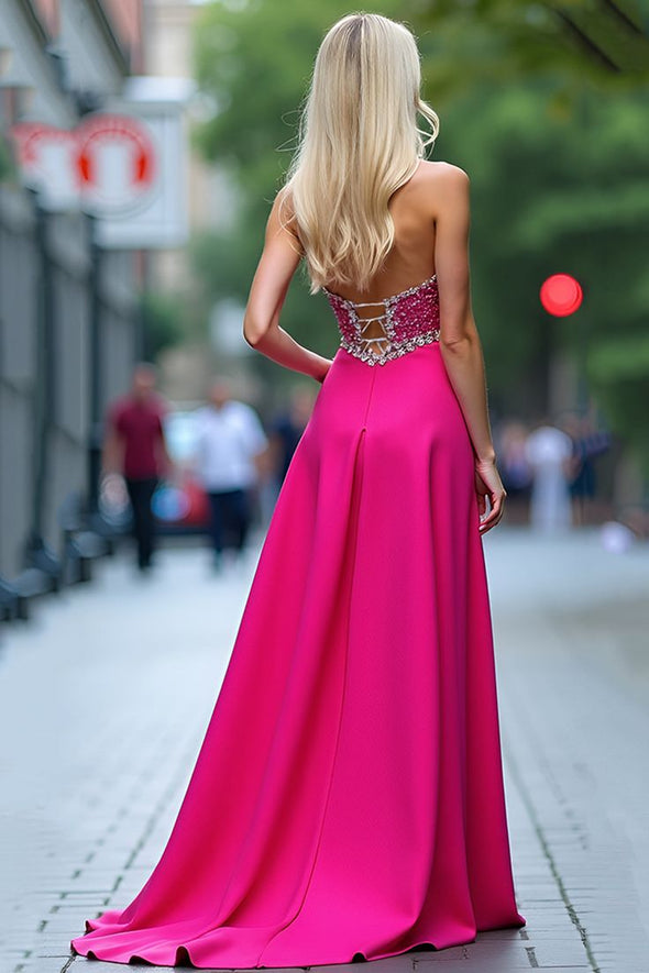 Hot Pink Crystal A Line Long Prom Dress