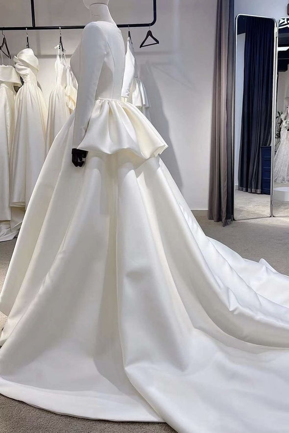 Long Sleeves Satin Wedding Dress With Detachable Swing Train