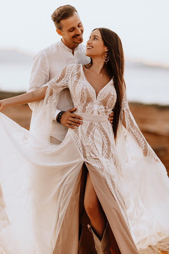 Long Split Bell Sleeves Boho Chiffon Lace Wedding Dress