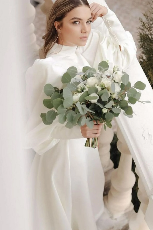 Full Puffy Sleeves High Collar Long Simple Wedding Dress With Button
