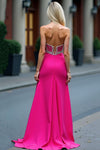 Hot Pink Crystal A Line Long Prom Dress