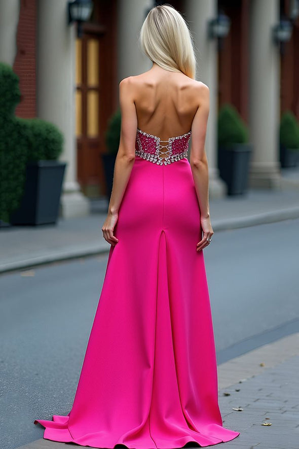 Hot Pink Crystal A Line Long Prom Dress