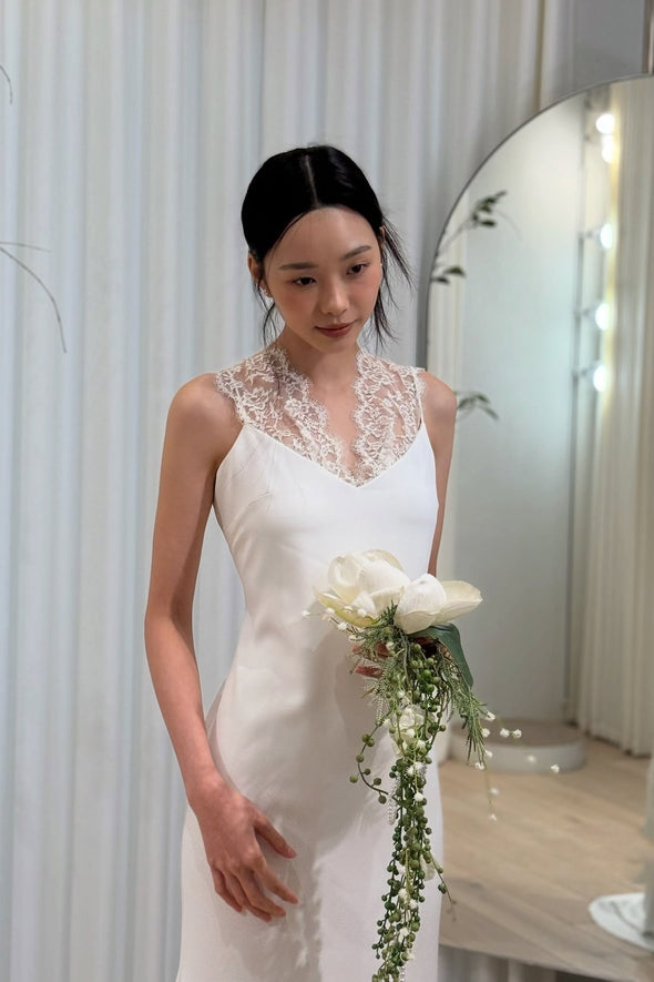 #DZ9308  Simple Wedding Dress With Lace Sash