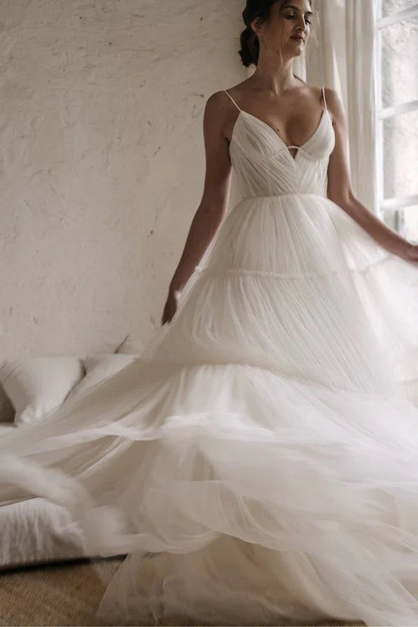 A Line Spaghetti Strap Long Tulle Wedding Dress