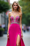 Hot Pink Crystal A Line Long Prom Dress