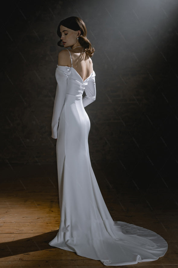 Soft Satin Long Sleeve Wedding Dresses With Special Cut at Waist Chic ZW1033
