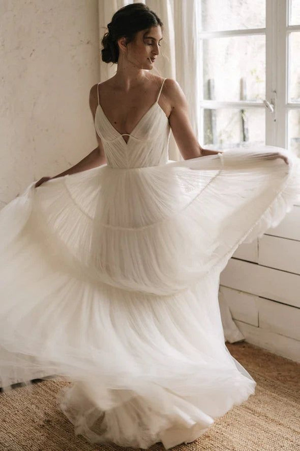 A Line Spaghetti Strap Long Tulle Wedding Dress