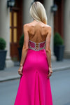 Hot Pink Crystal A Line Long Prom Dress