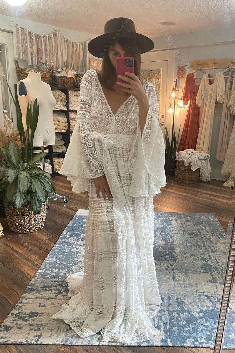 Bohemian Long Flare Sleeves Lace Wedding Dress V Neck Chic TANYA BRIDAL Bohemian Long Flare Sleeves Lace Wedding Dress V Neck Chic TANYA BRIDAL
