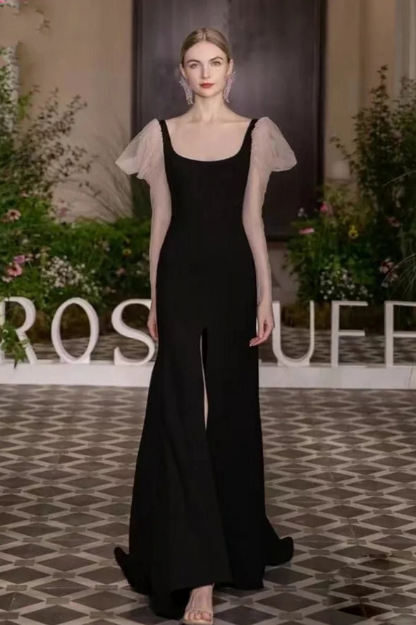 Black Narrow A Line Prom Dress With Long Sleeves Side Split