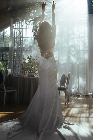 Spaghetti Straps Low Cut Satin Wedding Dress