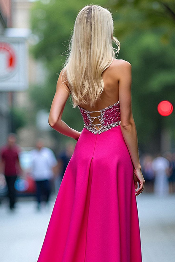 Hot Pink Crystal A Line Long Prom Dress